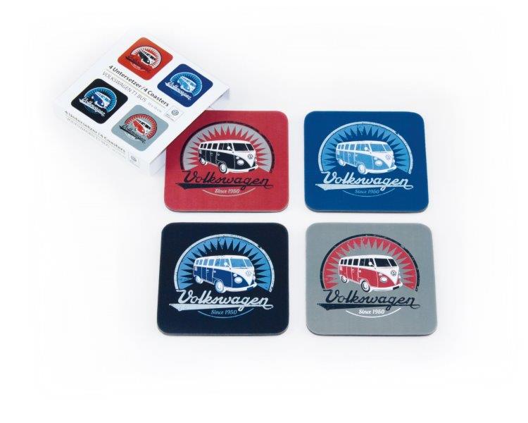 VW T1 BUS COASTERS 4-Piece Set IN PAPER SLEEVE – VINTAGE LOGO / 4 COLORS